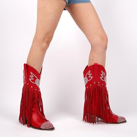 Cowboy Boots for Women Red Cowgirl Boots with Fringe Rhinestone Hearts - Picture 3 of 5